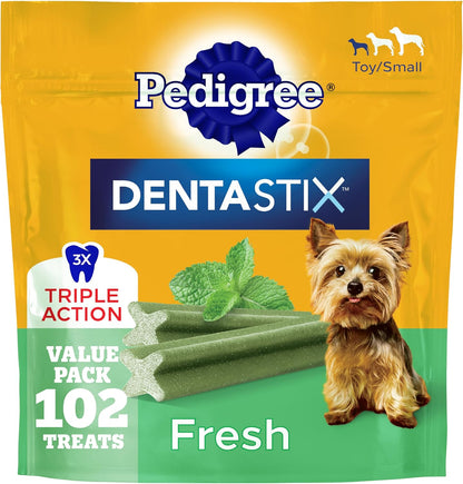 HOTPedigree Dentastix Small & Toy Breed Dog Dental Treats, Fresh, 102 Count | Triple action dental care, reduces tartar, cleans teeth, freshens breath, for dogs 7-22 lbs, no added sugar/fillers