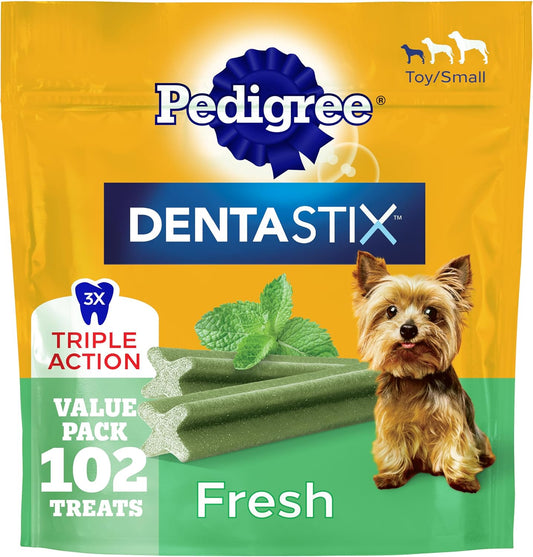 HOTPedigree Dentastix Small & Toy Breed Dog Dental Treats, Fresh, 102 Count | Triple action dental care, reduces tartar, cleans teeth, freshens breath, for dogs 7-22 lbs, no added sugar/fillers