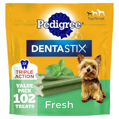 HOTPedigree Dentastix Small & Toy Breed Dog Dental Treats, Fresh, 102 Count | Triple action dental care, reduces tartar, cleans teeth, freshens breath, for dogs 7-22 lbs, no added sugar/fillers