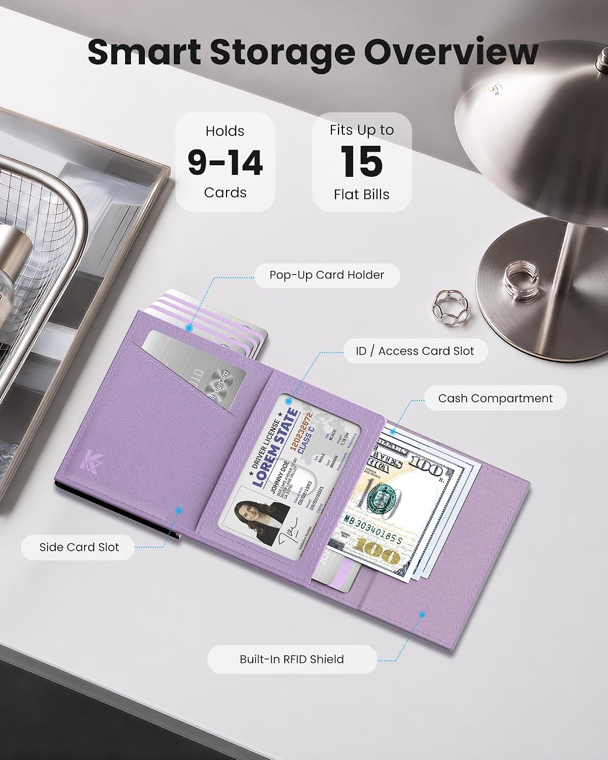 HOTSmall Wallet for Women: Slim Pop-Up Card Holder with RFID Blocking, ID Window and Cash Slot for Small Bags, Lavender Purple