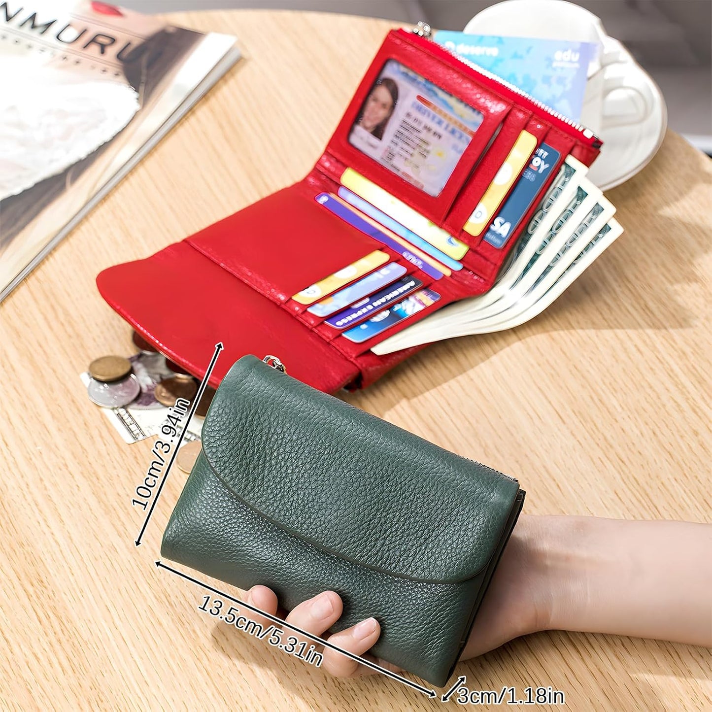 HOTGenuine Leather Wallet for Women, Slim RFID Clutch with Coin Pocket, Soft Pebble Short Card Holder ID Case 5.3in (Red)