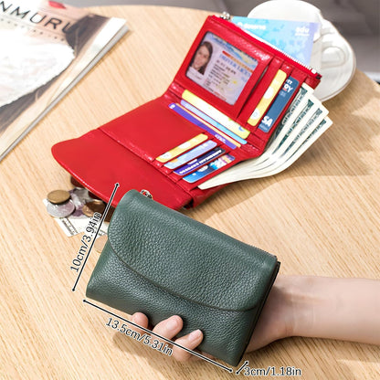 HOTGenuine Leather Wallet for Women, Slim RFID Clutch with Coin Pocket, Soft Pebble Short Card Holder ID Case 5.3in (Red)