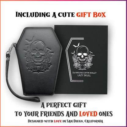 HOTLazy Skull Zip Around Coffin Wallet – Cute Witchy Small Purse for Women with Skull and Bat Design– Goth Accessory Wallet – Horror Coffin Purse– Spooky Halloween Gothic Wallet with Wristlet Strap
