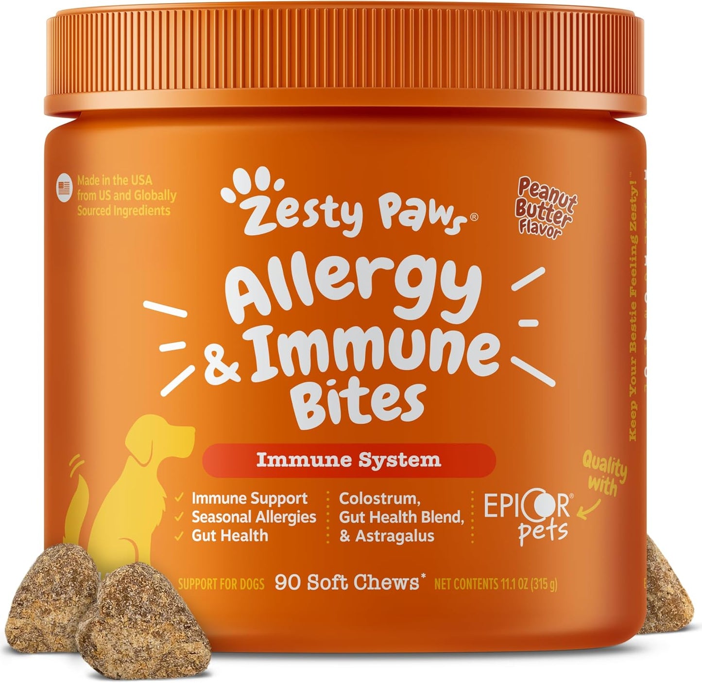 HOTZesty Paws Allergy Immune Bites - Dog Allergy Chews, Dog Probiotics for Itchy Skin and Ears, Peanut Butter, 90ct
