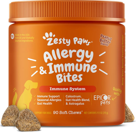 HOTZesty Paws Allergy Immune Bites - Dog Allergy Chews, Dog Probiotics for Itchy Skin and Ears, Peanut Butter, 90ct