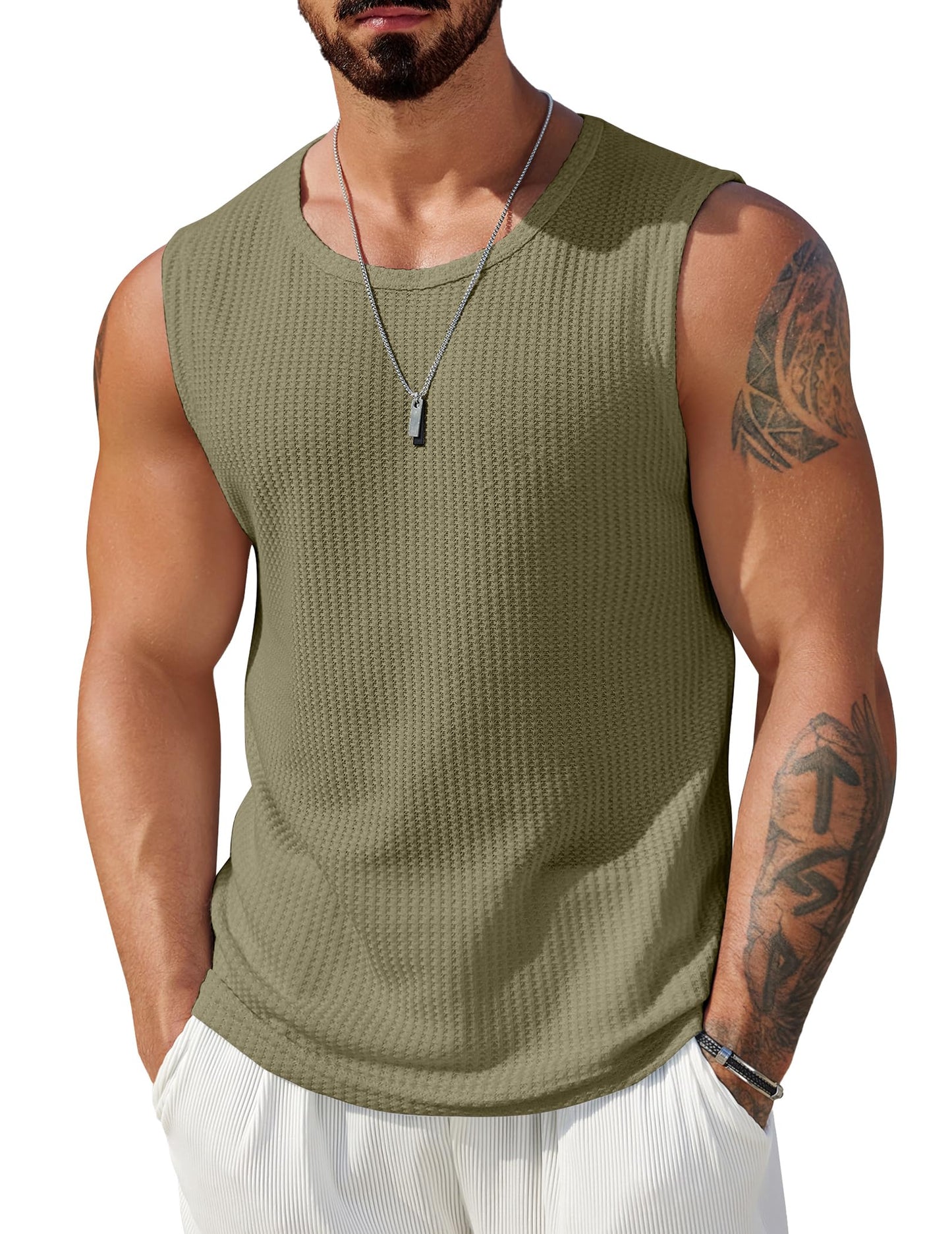HOTCOOFANDY Mens Casual Tank Tops 2 Pack Waffle Knit Sleeveless Shirt Breathable Tank Shirts Summer Muscle Tee