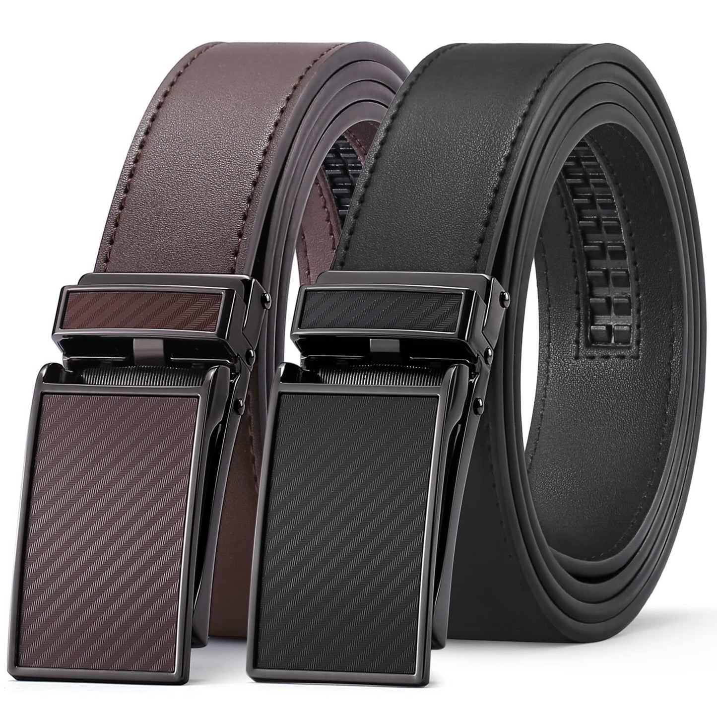 HOTSENDEFN 2 Pack Ratchet Belt Men, Men Leather Belts in Gift Set Box for Dress Casual, Size Adjustable Trim to Fit