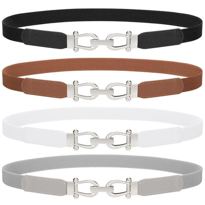 HOTTRIWORKS 4 Pack Women Skinny Elastic Belts Gold Buckle Thin Stretchy Waist Belts for Dresses