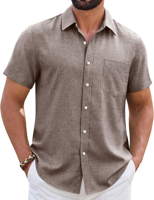HOTMens Linen Shirt Short Sleeve Wrinkle Free Casual Untucked Button Down Shirts Beach Breathable Tops Summer