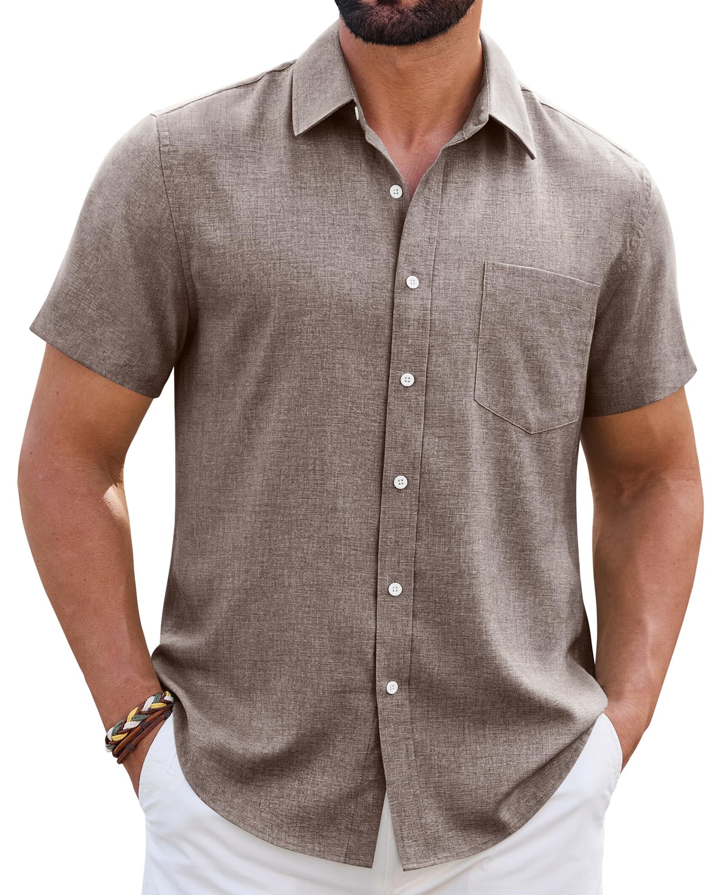 HOTMens Linen Shirt Short Sleeve Wrinkle Free Casual Untucked Button Down Shirts Beach Breathable Tops Summer