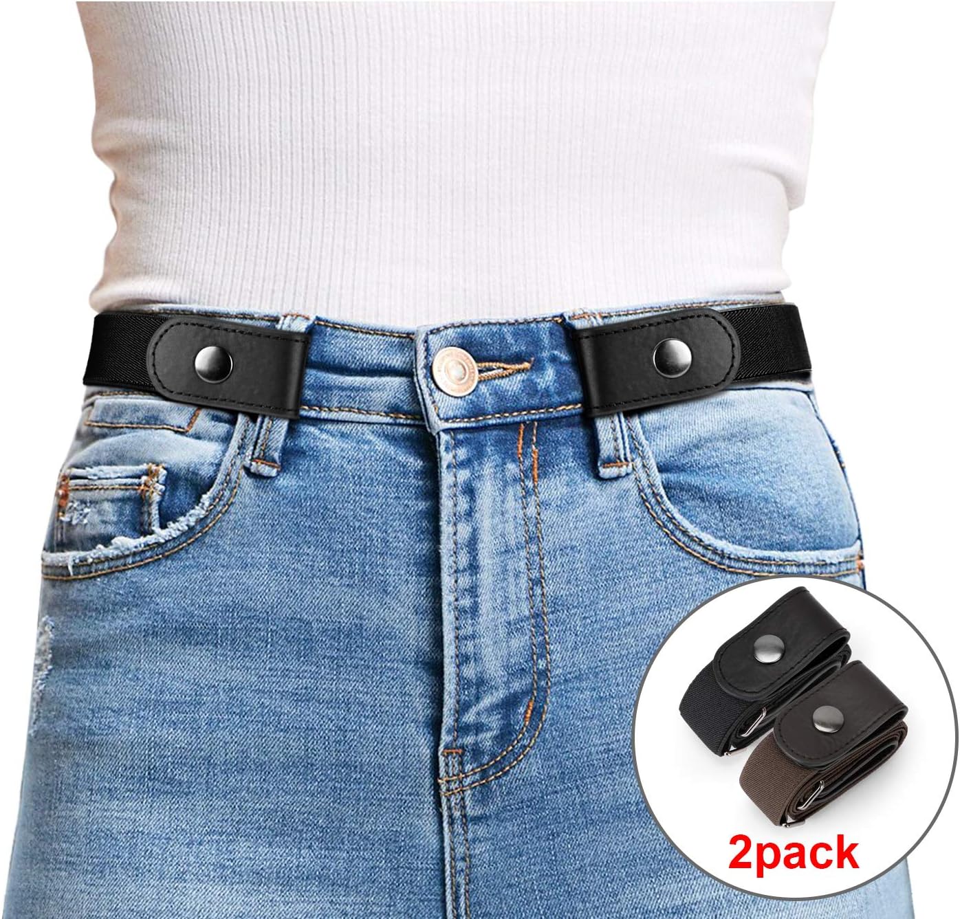 HOTWHIPPY 2 Pack Buckle Free Comfortable Elastic Belt for Women or Men, Buckle-less No Bulge No Hassle Invisible Belts