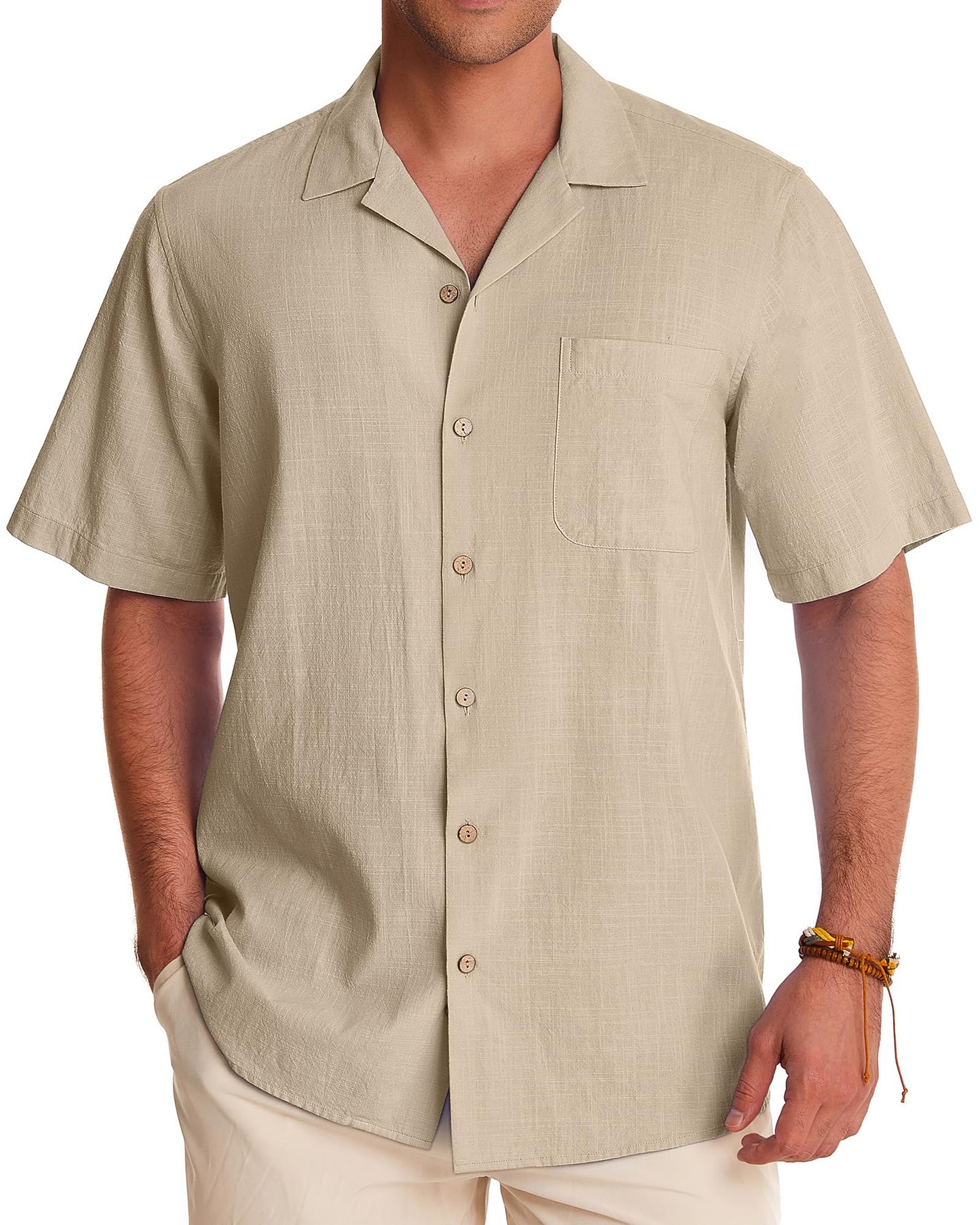 HOTAlimens & Gentle Mens Linen Shirts Cotton Hawaiian Shirts Short Sleeve Button Down Shirts Casual Summer Beach Tops