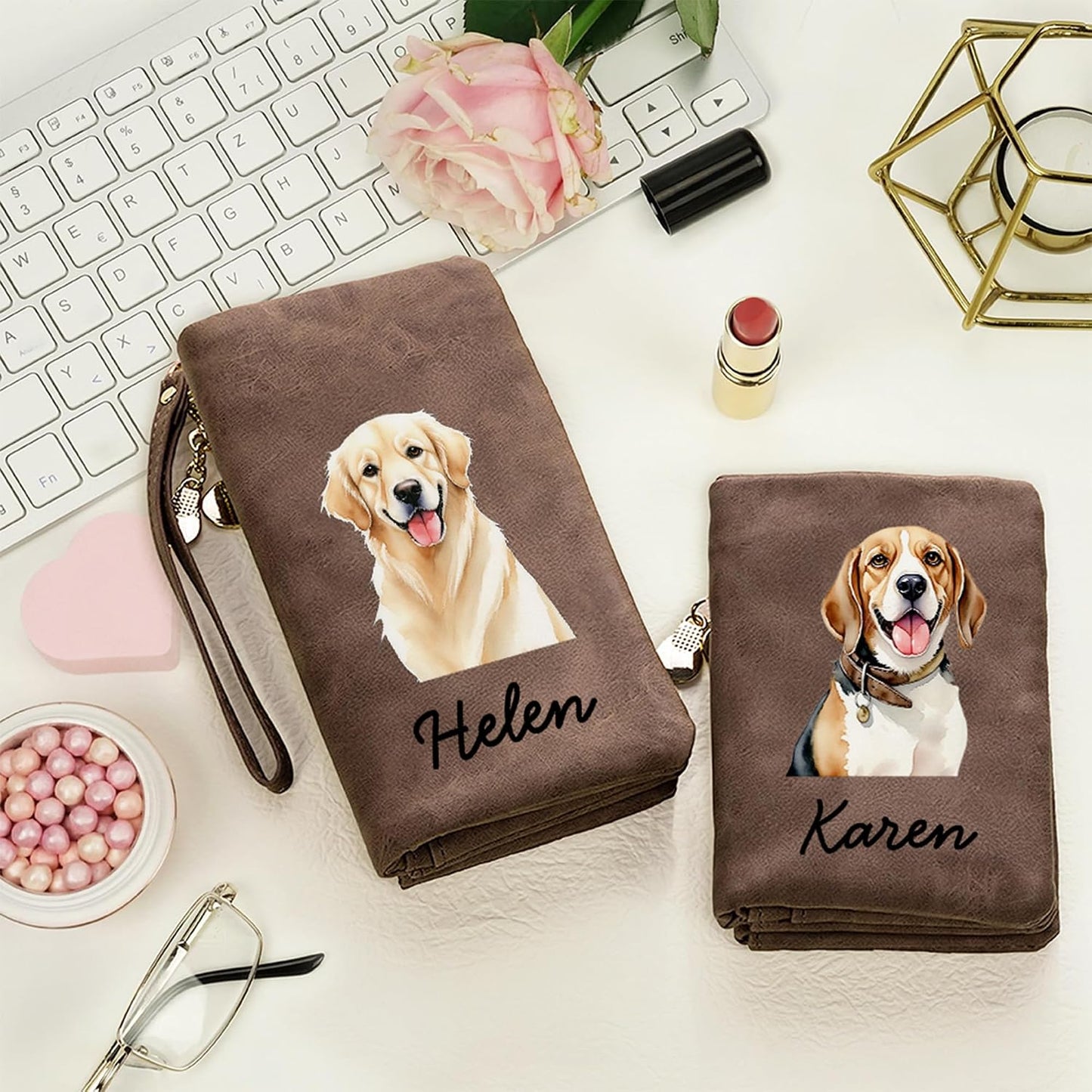 HOTBYFDIY Custom Women Wallet Wristlet Personalized Dog Cat Picture & Name Leather Wallet Coin Purse Card Holder for Women Birthday Christmas Mother's Day Gifts for Pet Lovers Owners Her