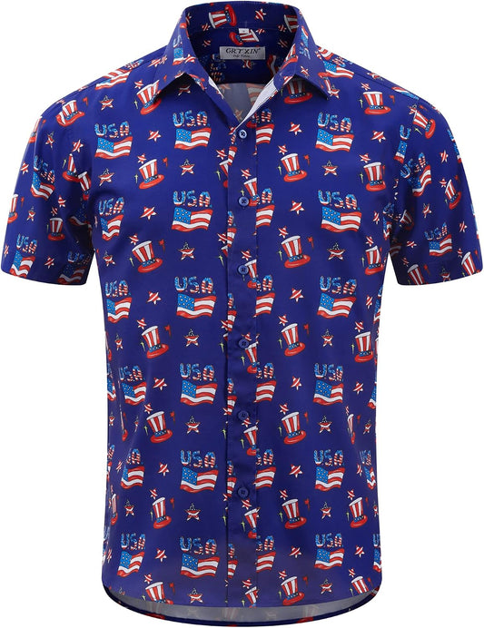 HOTMens American Flag Shirt - Patriotic Shirts for Men Short Sleeve Button Down Hawaiian Shirts