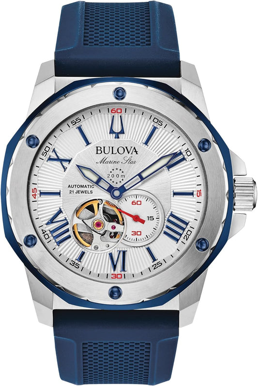 HOTBulova Men's Marine Star 'Series A' Automatic Stainless Steel Case with Blue Textured Silicone Strap, Open Aperture, Silver White Dial Model: 98A225