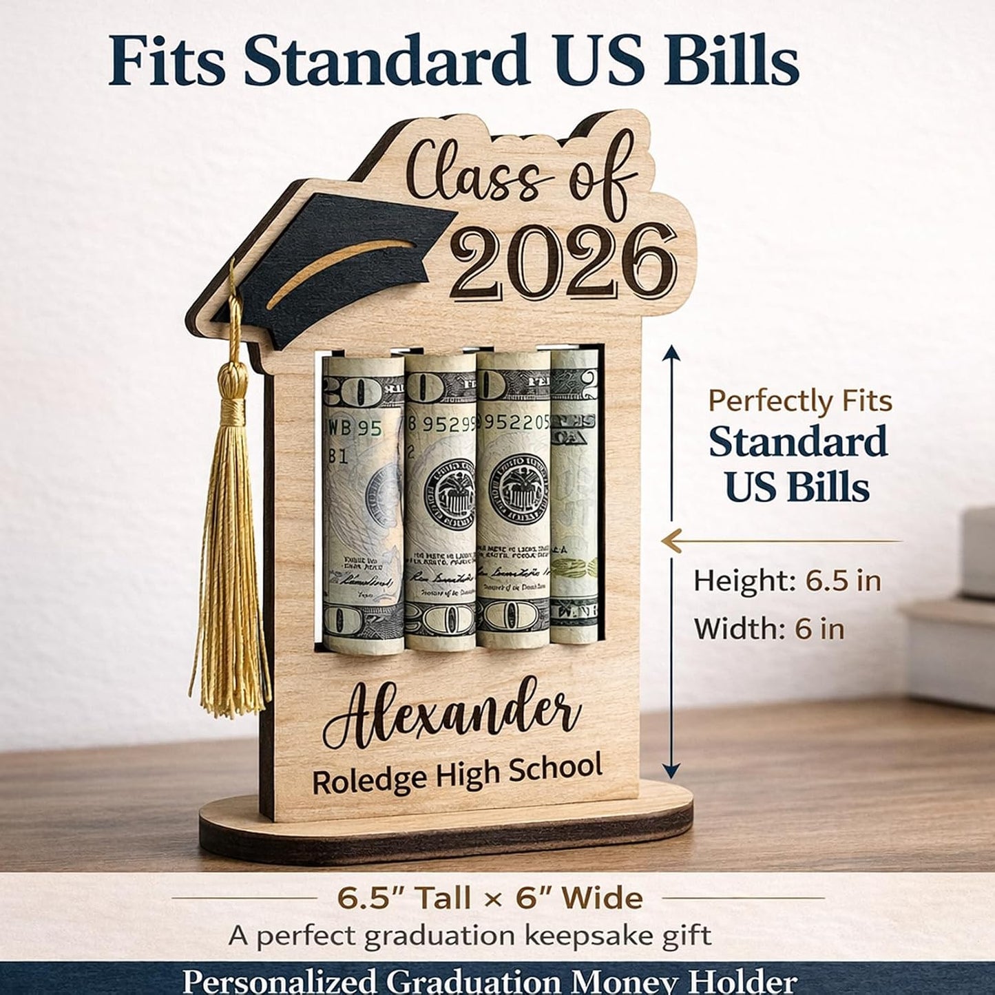 HOTPersonalized Graduation Gifts Class of 2026 Money Holder - Custom Name & School Graduation Money Gift Holder for Him Her, Senior Wooden Cash Display Standing Scroll Holder, Unique Graduate Keepsake
