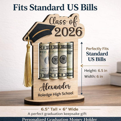 HOTPersonalized Graduation Gifts Class of 2026 Money Holder - Custom Name & School Graduation Money Gift Holder for Him Her, Senior Wooden Cash Display Standing Scroll Holder, Unique Graduate Keepsake