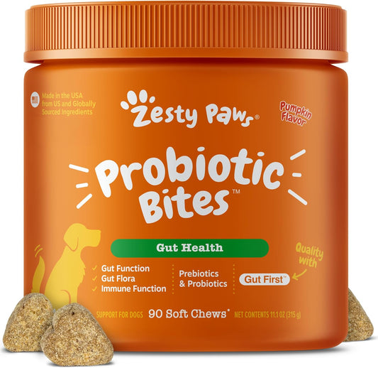 HOTZesty Paws Probiotics for Dogs - Digestive Enzymes for Gut Flora, Digestive Health, Diarrhea & Bowel Support - Clinically Studied DE111 - Dog Supplement Soft Chew for Pet Immune System - Pumpkin, 90ct
