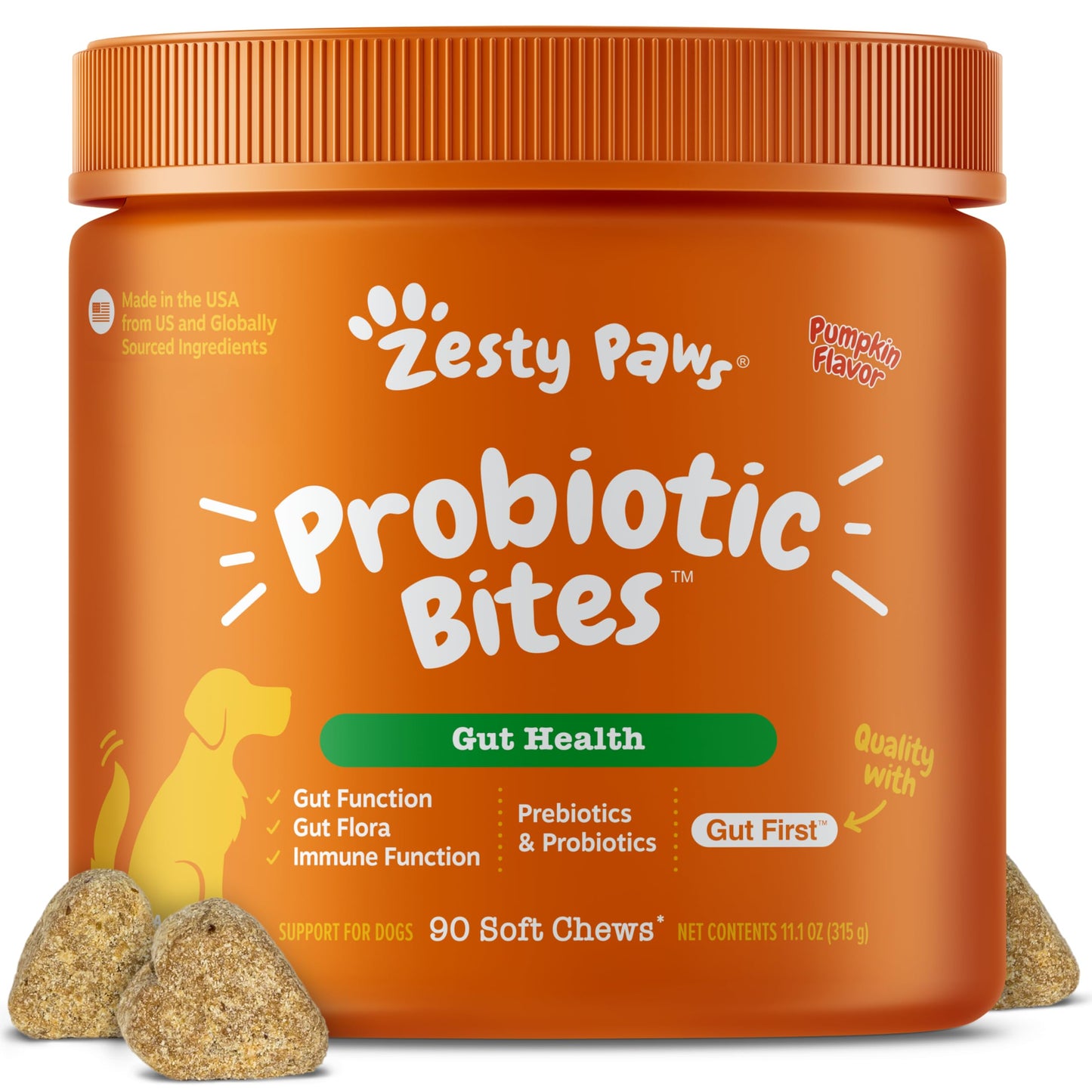 HOTZesty Paws Probiotics for Dogs - Digestive Enzymes for Gut Flora, Digestive Health, Diarrhea & Bowel Support - Clinically Studied DE111 - Dog Supplement Soft Chew for Pet Immune System - Pumpkin, 90ct