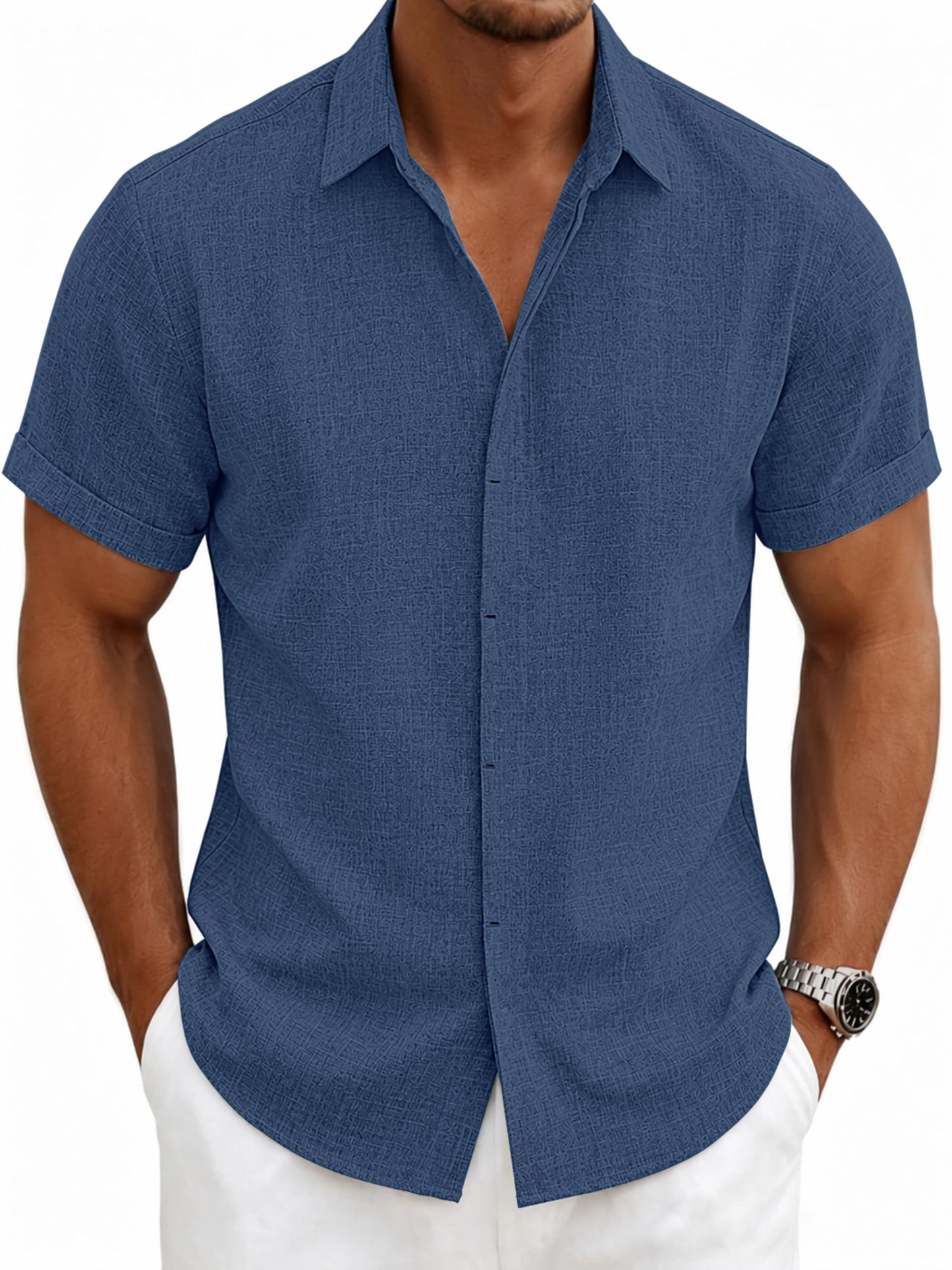 HOTMens Linen Shirts Short Sleeve Casual Shirt Button Down Summer Beach Vacation Tops Men Casual Dress Shirts Breathable
