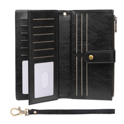 HOTGOIACII Large Wallet for Women Leather Wristlet Brown | RFID Blocking, Multi-card Slots, Detachable Wrist Strap, Trifold Clutch Purse