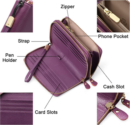 HOTSENDEFN Leather Women Wallet RFID Blocking Zipper Around Phone Holder Clutch Wristlet Large Capacity