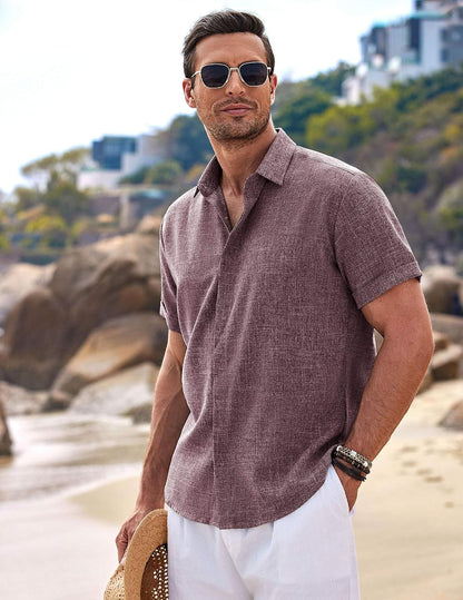 HOTCOOFANDY Men's Linen Shirts Short Sleeve Casual Shirts Button Down Shirt for Men Beach Summer Wedding Shirt