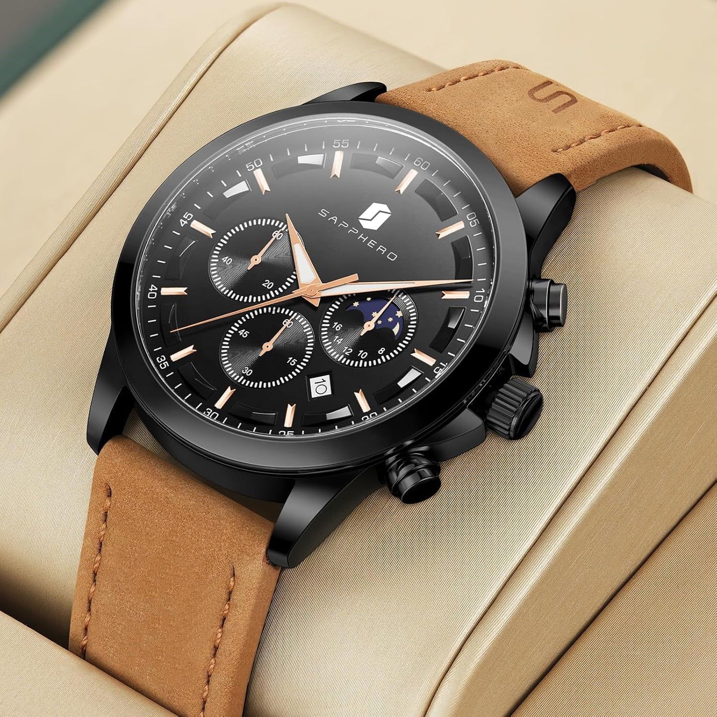 HOTSAPPHERO Men's Watches Stainless Steel Chronograph Waterproof Quartz-Business Casual Dress Watch for Men Luminous Date Gold/Silver/Black Design-Easy-to-Read Luxury Dial-Leather Unique Elegant Gift