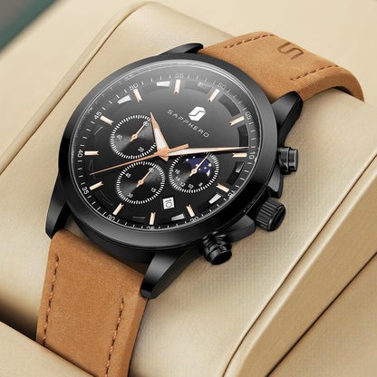 HOTSAPPHERO Men's Watches Stainless Steel Chronograph Waterproof Quartz-Business Casual Dress Watch for Men Luminous Date Gold/Silver/Black Design-Easy-to-Read Luxury Dial-Leather Unique Elegant Gift