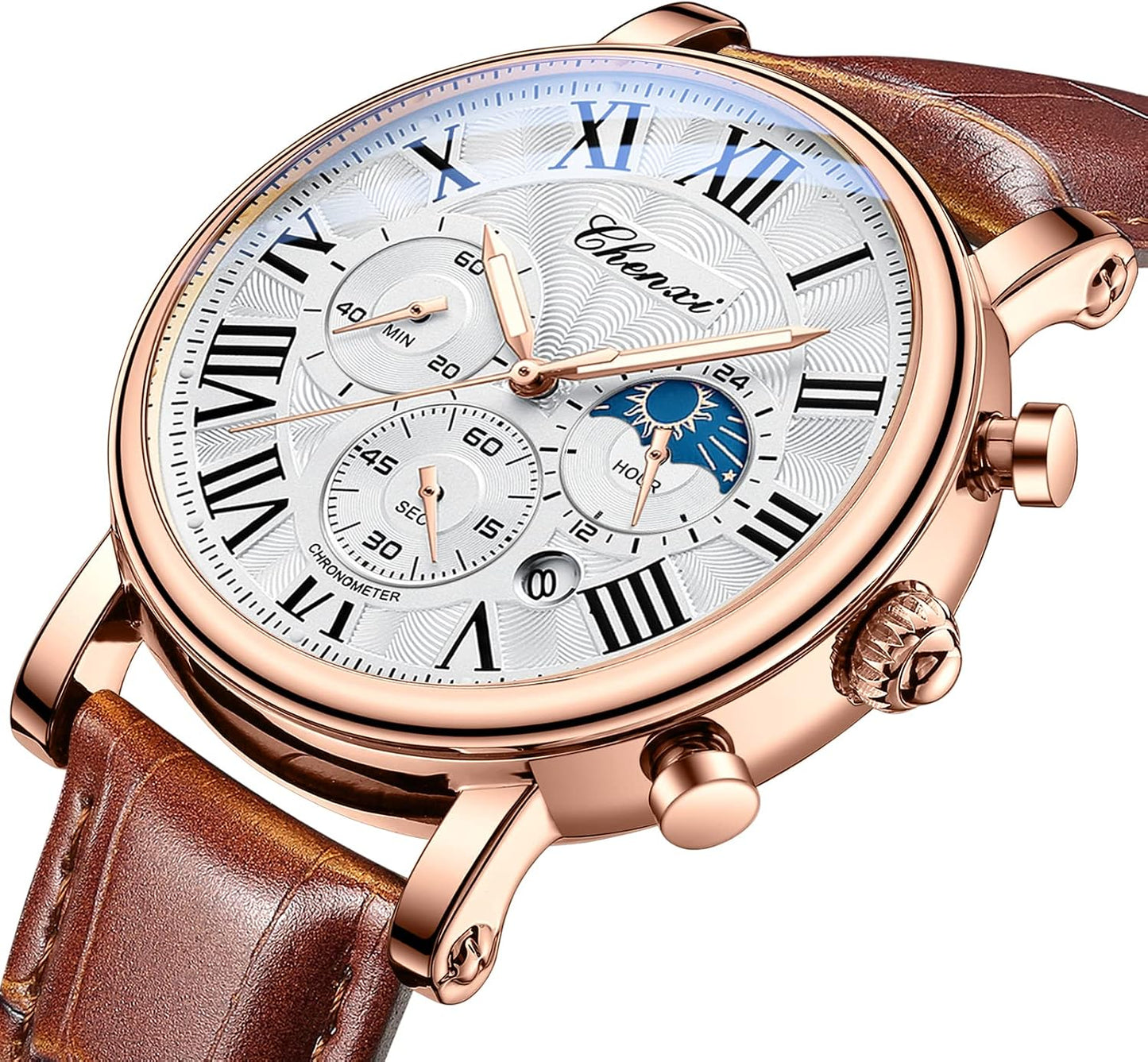 HOTFANMIS Men's Classic Watches Multifunctional Analog Watch Business Dress Waterproof Luminous Chronograph Starry Sky Moon Phase Leather Wristwatch