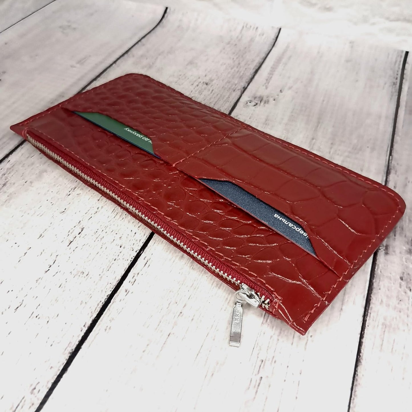 HOTINGVARR Unique Patent Slim Leather Wallet for women | Crocodile wallet | Gift For Her | Handmade wallet (Red)