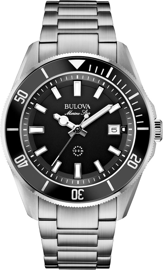 HOTBulova Men's Marine Star 'Series B' Stainless Steel 3-Hand Calendar Quartz Watch, Black Dial Style: 98B203