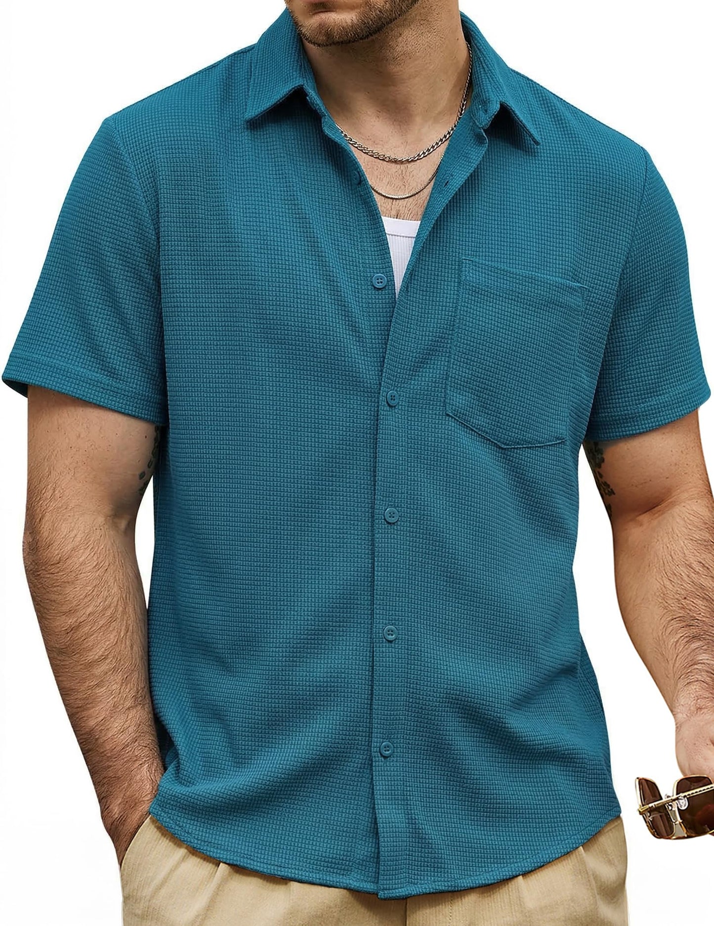 HOTVATPAVE Mens Casual Waffle Shirt Short Sleeve Button Down Summer Shirts | Beach, Untucked, Camp, Daily, Work, Family Photo, Old Money, Vacation, Collared, Wedding, Date, Cruise, Going Out, Pocket