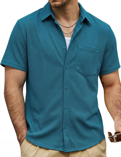 HOTVATPAVE Mens Casual Waffle Shirt Short Sleeve Button Down Summer Shirts | Beach, Untucked, Camp, Daily, Work, Family Photo, Old Money, Vacation, Collared, Wedding, Date, Cruise, Going Out, Pocket