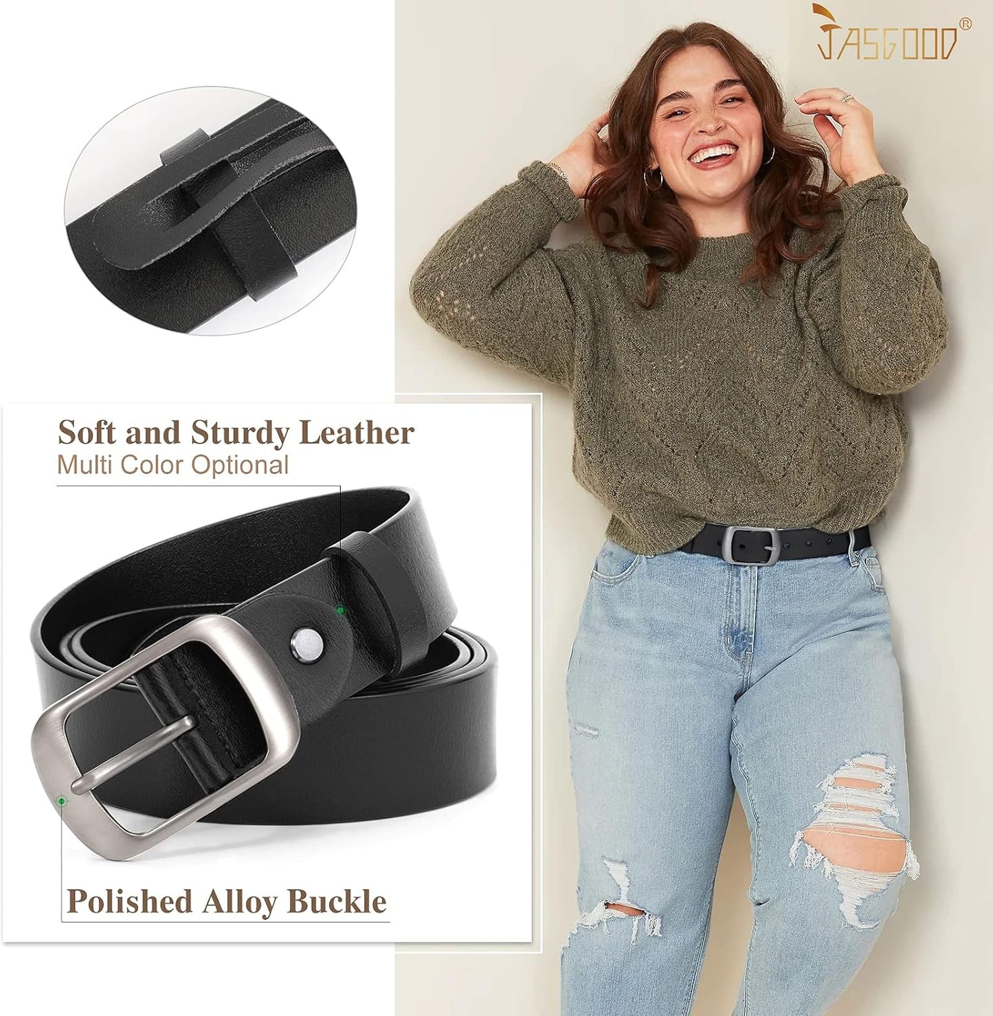 HOTJASGOOD Plus Size Women Leather Belt Black Casual Waist Belt for Jeans Pants with Metal Pin Buckle