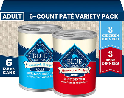HOTBlue Buffalo Homestyle Recipe Wet Dog Food Paté Variety Pack, Chicken Dinner & Beef Dinner with Garden Vegetables, Made with Natural Ingredients, 12.5-oz. Can (6 Count, 3 of Each)