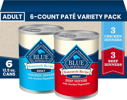 HOTBlue Buffalo Homestyle Recipe Wet Dog Food Paté Variety Pack, Chicken Dinner & Beef Dinner with Garden Vegetables, Made with Natural Ingredients, 12.5-oz. Can (6 Count, 3 of Each)