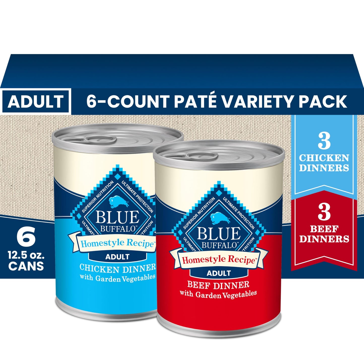 HOTBlue Buffalo Homestyle Recipe Wet Dog Food Paté Variety Pack, Chicken Dinner & Beef Dinner with Garden Vegetables, Made with Natural Ingredients, 12.5-oz. Can (6 Count, 3 of Each)