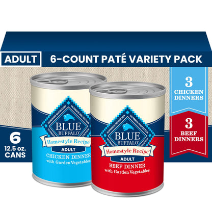 HOTBlue Buffalo Homestyle Recipe Wet Dog Food Paté Variety Pack, Chicken Dinner & Beef Dinner with Garden Vegetables, Made with Natural Ingredients, 12.5-oz. Can (6 Count, 3 of Each)
