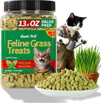 HOTJust Try Cat Treats for Indoor Cats Hairball Control Natural Salmon Healthy Cat Grass Treats Kitten Snacks Training Biscuits Catnip for Cats Dental Care 13.4 OZ