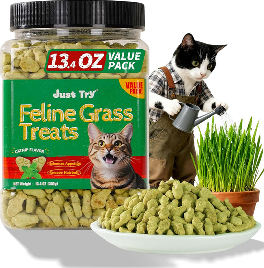 HOTJust Try Cat Treats for Indoor Cats Hairball Control Natural Salmon Healthy Cat Grass Treats Kitten Snacks Training Biscuits Catnip for Cats Dental Care 13.4 OZ