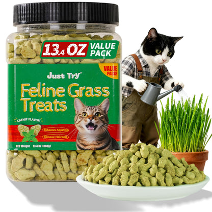 HOTJust Try Cat Treats for Indoor Cats Hairball Control Natural Salmon Healthy Cat Grass Treats Kitten Snacks Training Biscuits Catnip for Cats Dental Care 13.4 OZ