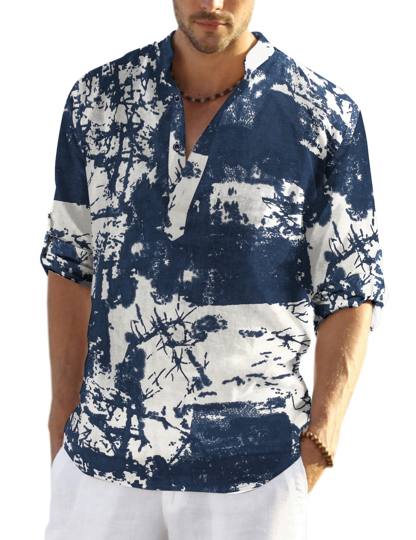 HOTCOOFANDY Men's Cotton Linen Henley T-Shirt Long Sleeve Hippie Casual Beach T-Shirts