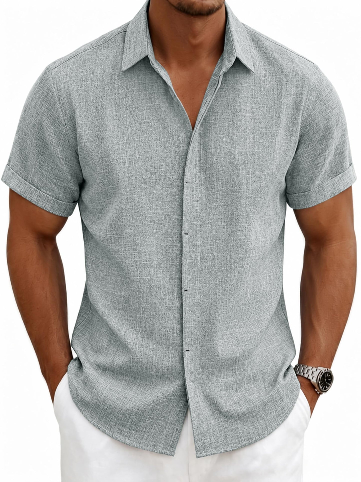 HOTMens Linen Shirts Short Sleeve Casual Shirt Button Down Summer Beach Vacation Tops Men Casual Dress Shirts Breathable