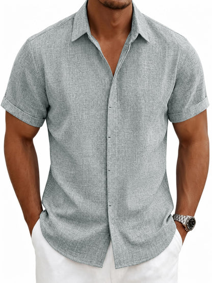 HOTMens Linen Shirts Short Sleeve Casual Shirt Button Down Summer Beach Vacation Tops Men Casual Dress Shirts Breathable