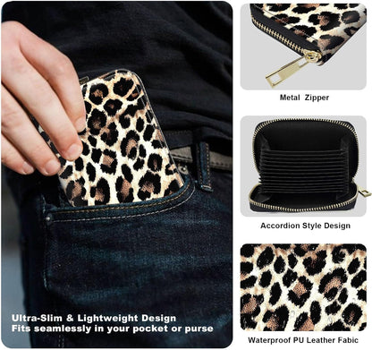 HOTWomens Card Wallet with Zipper, RFID Blocking Small Credit Card Holder Case, PU Leather Accordion Card Wallet for Women, Compact Travel ID & Cash Organizer, Leopard Print 02