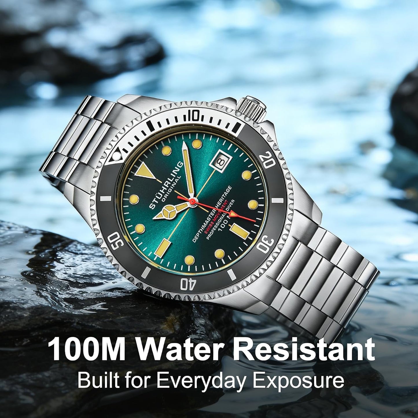 HOTStuhrling Depthmaster Heritage Diver Swiss Quartz Watch, 42mm, Stainless Steel, 100M Water Resistant