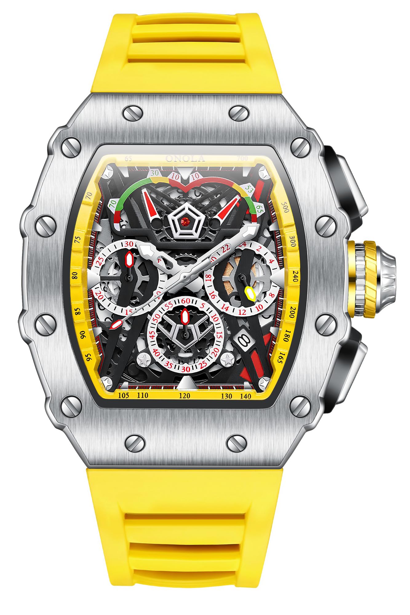 HOTFANMIS Fashion Hollowed Men Watches Tonneau Skeleton Dial Big Face 30M Water Resistant Chronograph Casual Watch with Silicone Strap Multifunctional Outdoor Sports Watch for Men’s