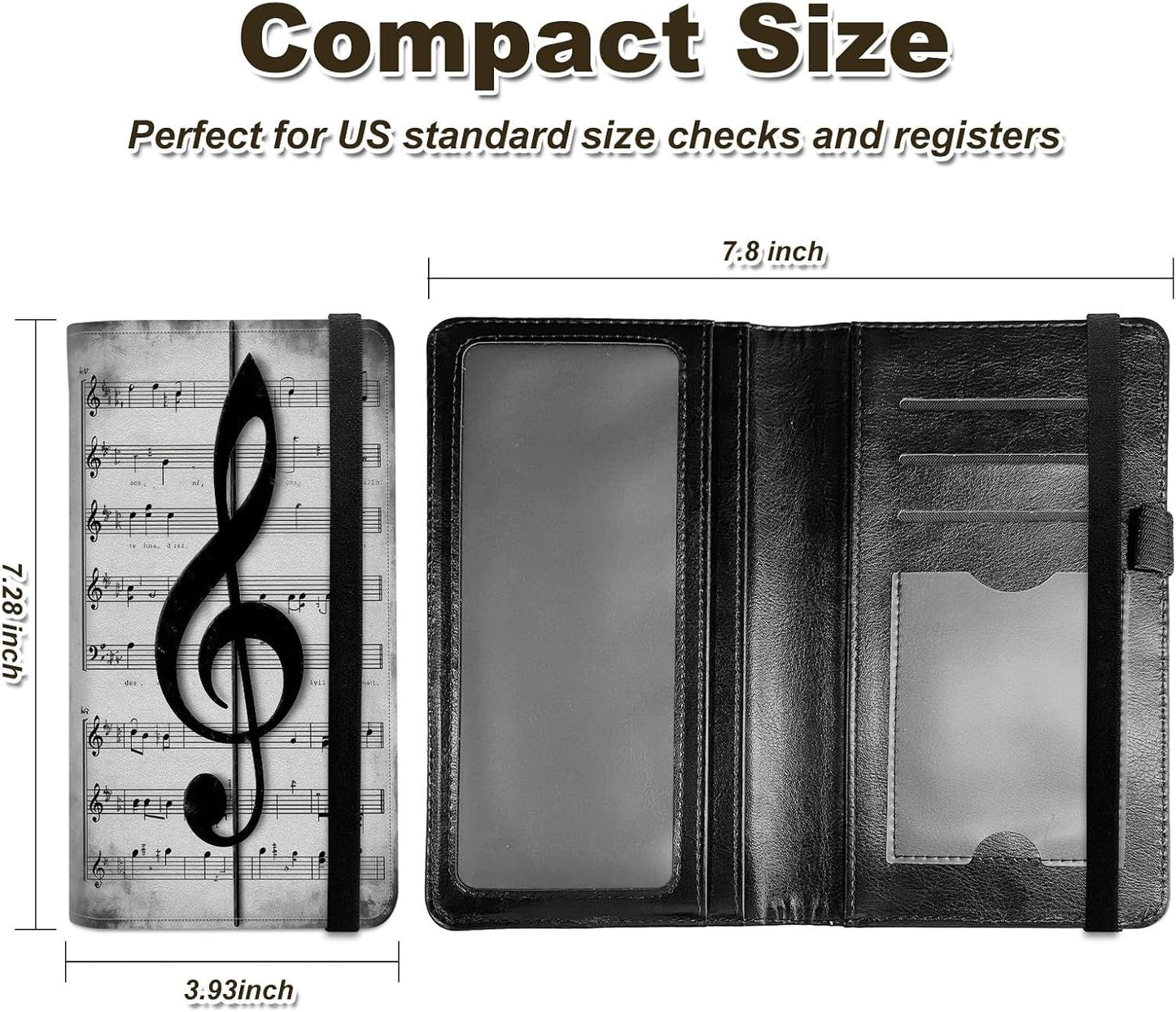 HOTCheckbook Cover for Personal Checkbook Leather Check Book Covers for Women Men with RFID Blocking Multi Card Slots Lightweight Compact Wallet, Retro Music Note