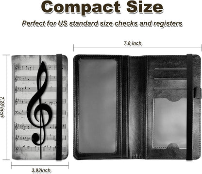 HOTCheckbook Cover for Personal Checkbook Leather Check Book Covers for Women Men with RFID Blocking Multi Card Slots Lightweight Compact Wallet, Retro Music Note